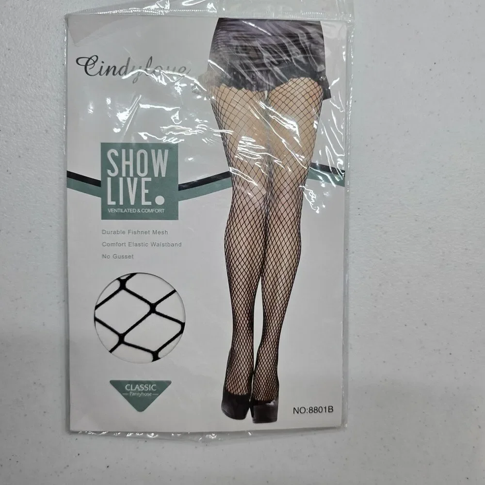 Cindy Love Black Fish Net Panty Hose S-XXXL Stretch 1 Pair NIP